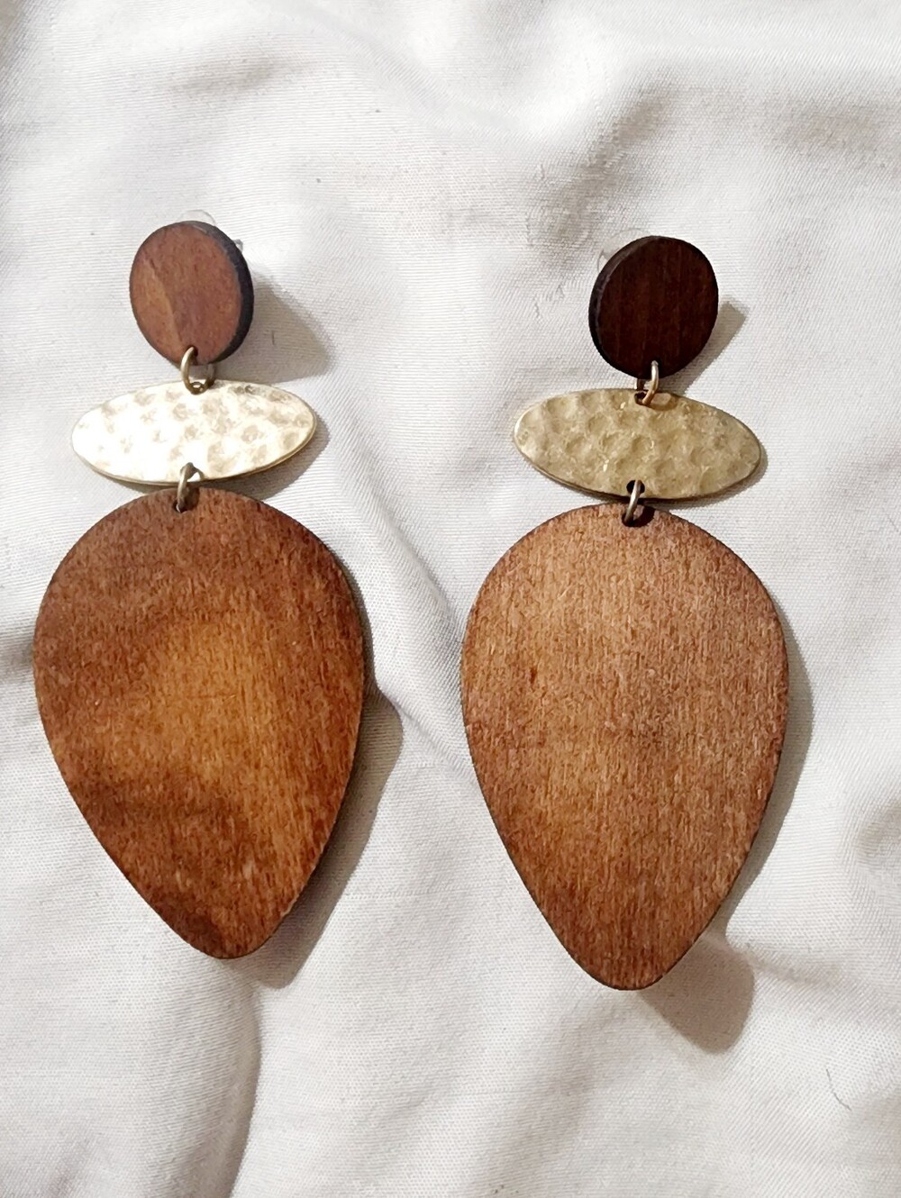 Wood Teardrop Dangle Earrings in Brown and Gold